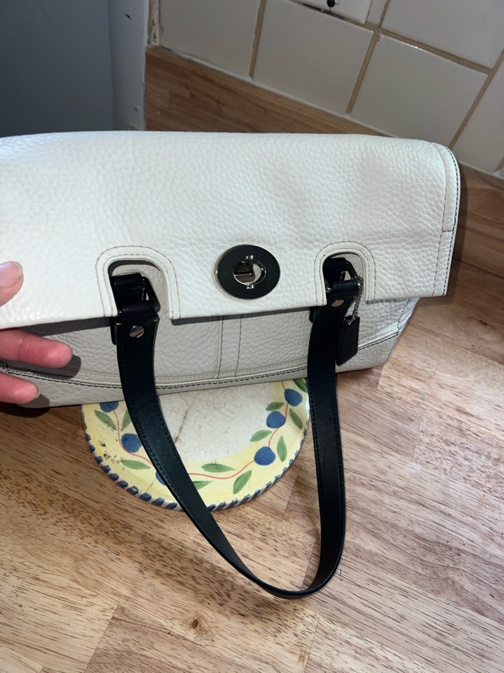 Coach White Pebbled Leather Shoulder Bag with Black Straps - Picture 10 of 10